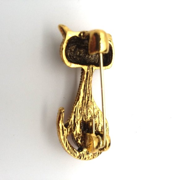 Cat Brooch Green Eyed Rhinestone Pin Stylish Sparkle Gold Metal Gemstone Kitty - Picture 2 of 3